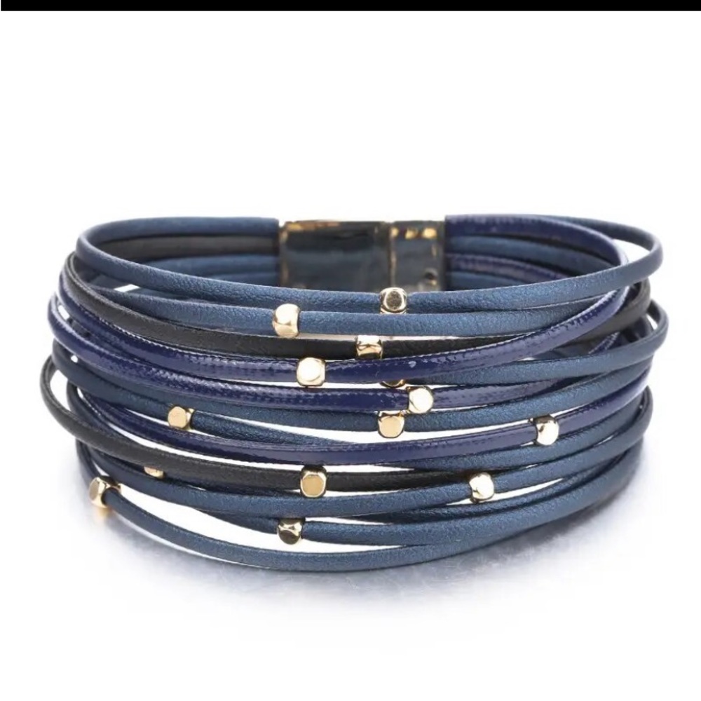 Navy blue strands and gold beads with gold magnetic closure wrap bracelet
